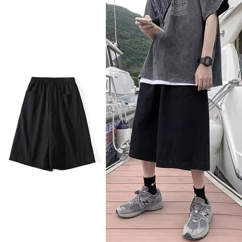 กางเกงขาสั้นทํางานลําลองขากว้างย้อนยุคอเมริกันสําหรับผู้ชาย กางเกงขากว้างทรงหลวมเอวสูงกระชับสัดส่วน