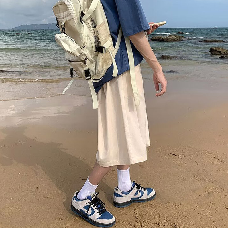 กางเกงขาสั้นทํางานลําลองขากว้างย้อนยุคอเมริกันสําหรับผู้ชาย กางเกงขากว้างทรงหลวมเอวสูงกระชับสัดส่วน