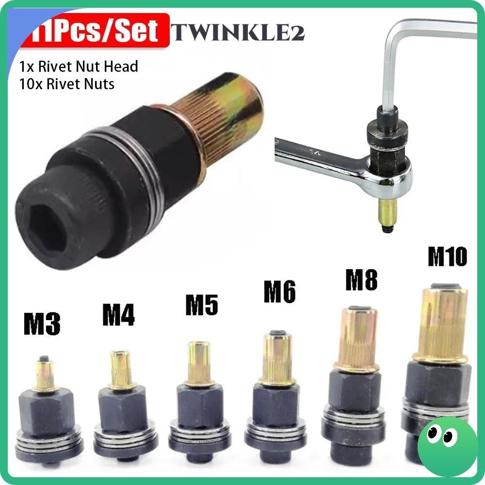 Twinkle 11 ชิ้น/เซ็ตคู่มือ Riveter เครื่องมือ,ติดตั้งง่าย Mandrel Staple Hand Rivet Nut, ทนทาน M3 M4 M5 M6 M8 M10 พร้อม Rivet Nuts สําหรับ Rivet Nut ไฟฉายหัว Rivet ชุดเครื่องมือ