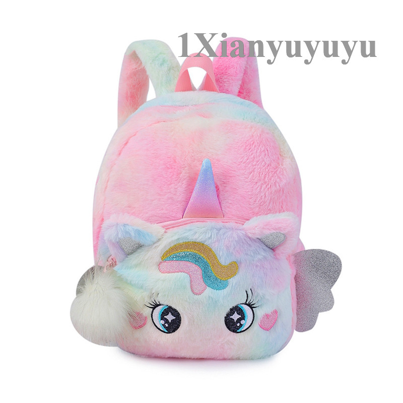 Rainbow Fluffy Unicorn กระเป๋าเป้สะพายหลัง Plush Back To School Rucksack ซิปกระเป๋ายูนิคอร์นกระเป๋าเ