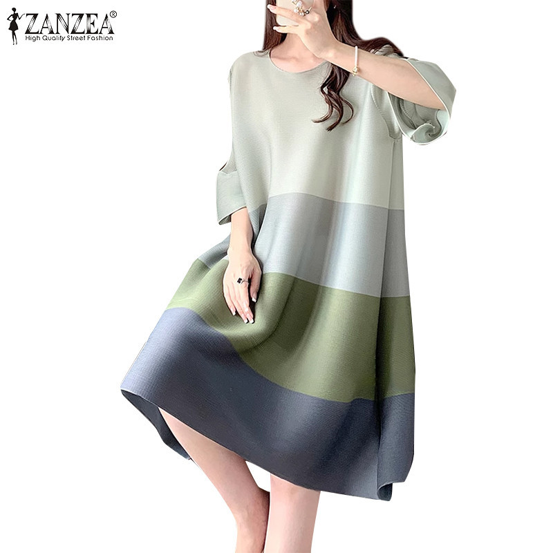 ZANZEA ซานเซีย ผู้หญิงแฟชั่นเกาหลีคอกลมแขนสั้นหลวมพิมพ์ชุด