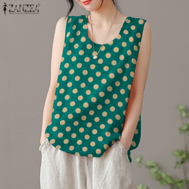 ZANZEA ใส่ ซานเซีย ผู้หญิงเกาหลีทุกวันสบายๆลายจุดพิมพ์แขนกุดหลวมถัง