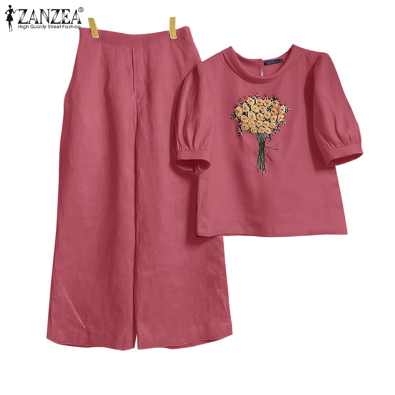 ZANZEA ใส่ ซานเซีย ผู้หญิงเกาหลีปกเย็บปักถักร้อยโคมไฟแขนกระเป๋ากว้างขาท็อปส์กางเกง — صورة 6