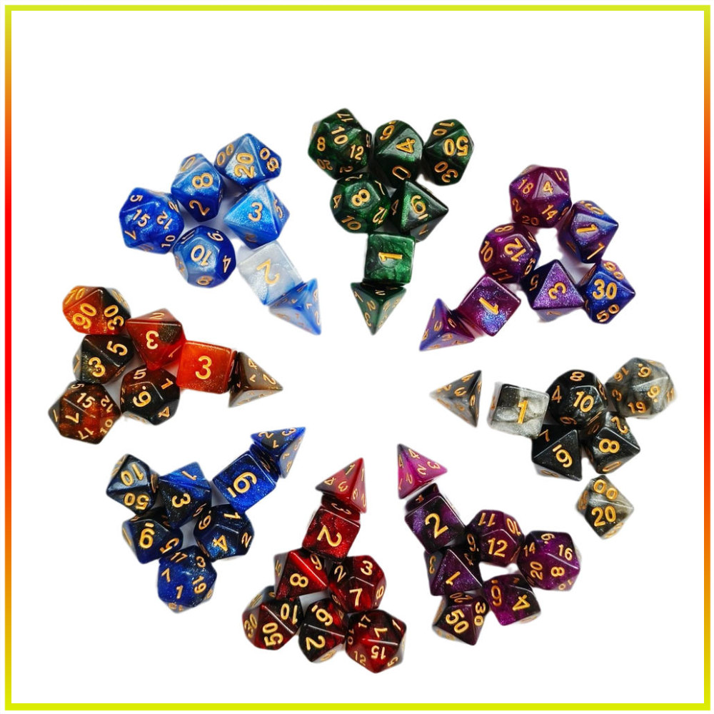 Polyhedron ลูกเต๋าชุดผสมสี Glitter 7 ชิ้น D4 D6 D8 D10 D10% D12 D20 สําหรับการสอนคณิตศาสตร์ใน RPG เกมเล่นตามบทบาท