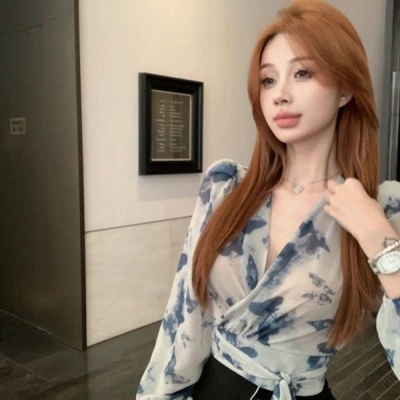 ส่งไวจากไทยLucy Shop เสื้อเชิ้ตแขนยาวชีฟองป้องกันแสงแดดด้านบนเวอร์ชั่นเกาหลีพิมพ์สีทึบสายรัด(ส่ง 24 ชั่วโมง)