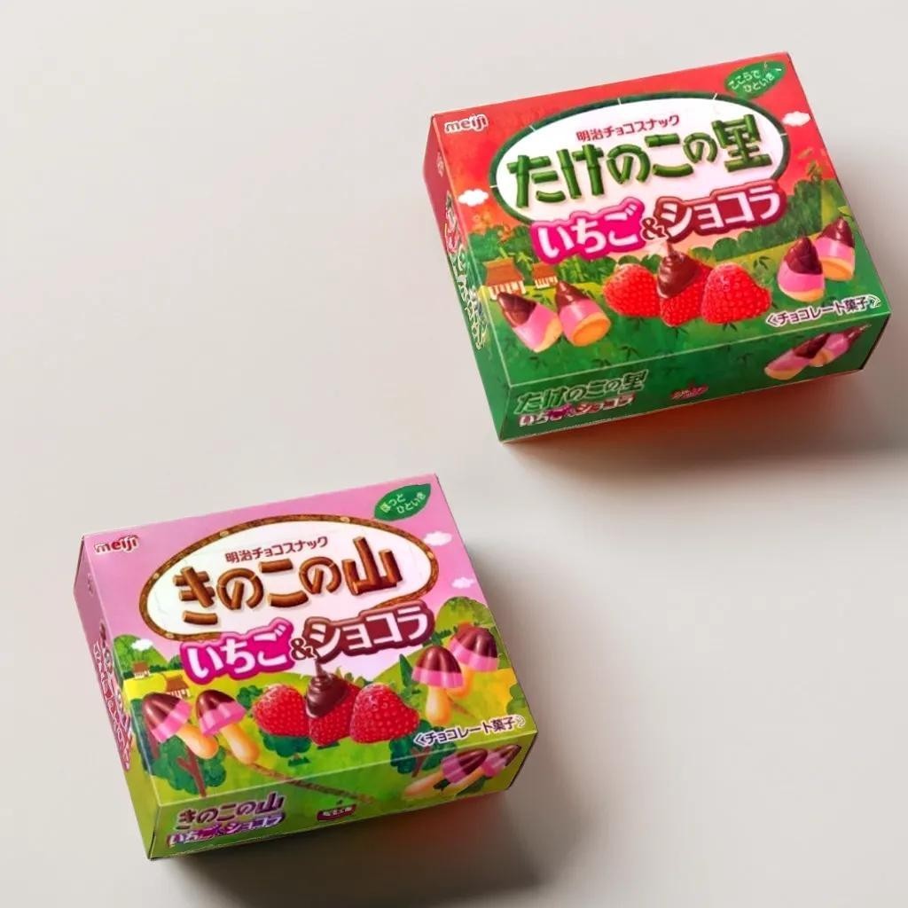 ขนม เมจิ (Meiji) สตรอเบอร์รี่ ช็อกโกแลต รูปเห็ด(64g) และ รูปไผ่(61g)