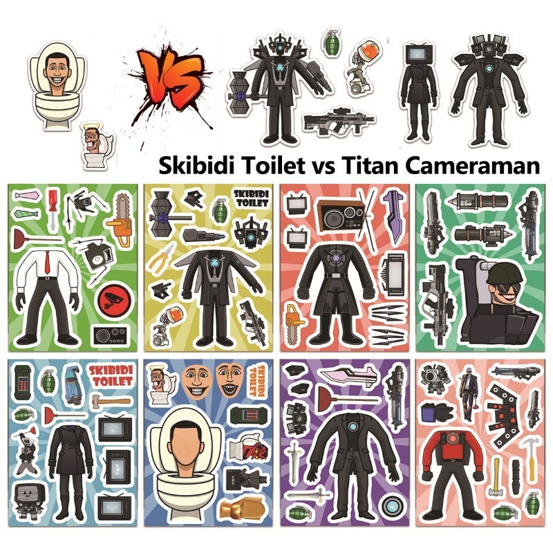 8sheepts/ชุด Skibidi ห้องน้ํา vs Titan Cameraman ปริศนาสติกเกอร์ปริศนาการสอน DIY ของเล่น Make A Face สติกเกอร์