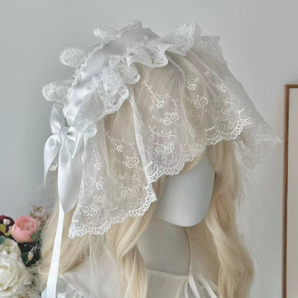 Lolita ฝรั่งเศส Elegant Pure White ที่คาดผม lo Lady Sweet Soft Girl เครื่องประดับผมลูกไม้โบว์ตกแต่งฮาโลวีน