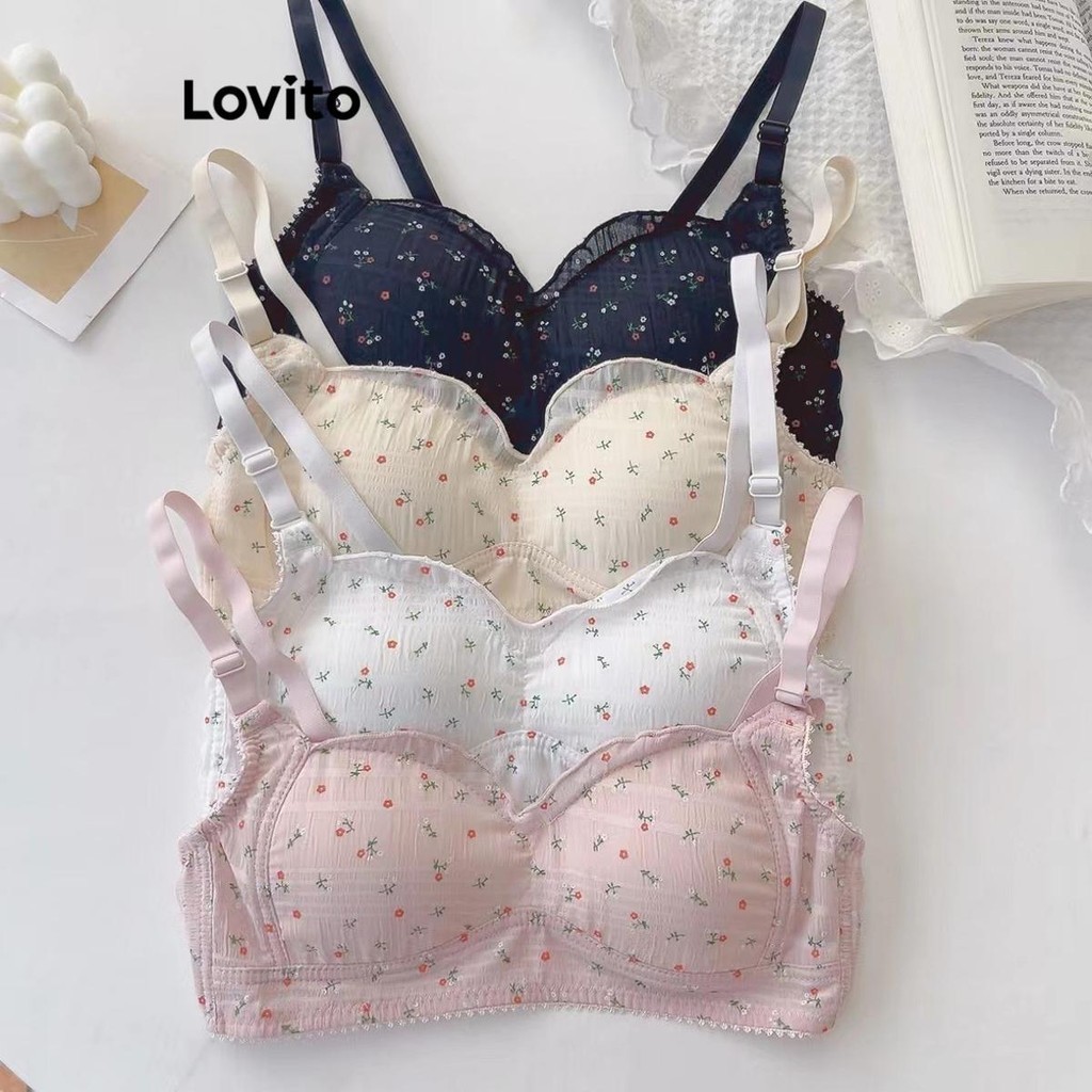 Lovito บราเล็ตต์ผู้หญิง กระดุมคู่ พิมพ์ลายดอกไม้ สไตล์ลำลอง LNE50479