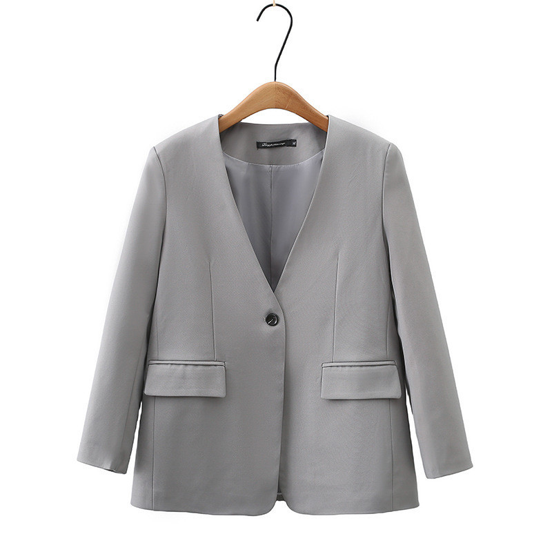 พลัสขนาดผู้หญิง XL-5XL V คอ Elegant Office-wear ฤดูใบไม้ผลิฤดูใบไม้ร่วงเสื้อแขนยาวปุ่มเดียวหญิงสีเทาสีดําOuterwear