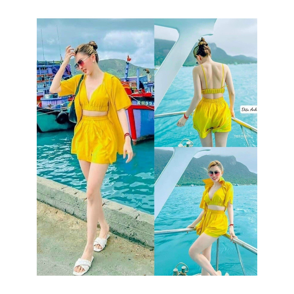 ชุดไปทะเลและใส่เที่ยวสุดแซ่บหน้าร้อนเซตสายไขว้3ชิ้นรวมบราและกางเกงขาสั้นแขนยาว3สี