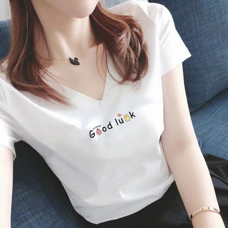เสื้อยืดแขนสั้นสีขาว Slim-Fit ผู้หญิงฤดูร้อนบาง v คอแฟชั่นทั้งหมด