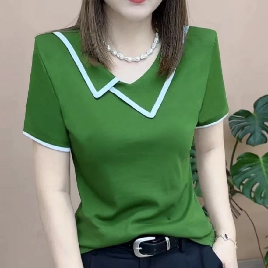 เวอร์ชั่นเกาหลีแขนสั้นเสื้อยืดสีทึบแฟชั่นใหม่อเนกประสงค์ลําลองด้านบนเสื้อยืด