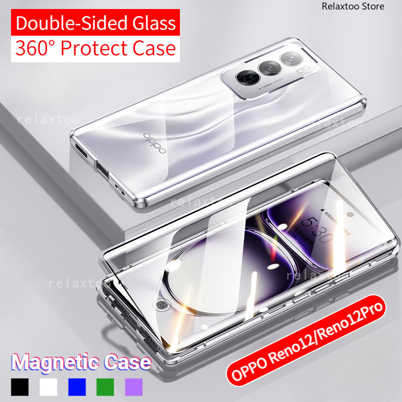 Oppo Reno12 ปลอกใสสําหรับ OPPO Reno 12 Pro F 12Pro 12F Reno12F Reno12Pro 5G 360° กระจกนิรภัยสองด้านแม่เหล็กพลิกเคสโทรศัพท์โลหะฮาร์ดกันกระแทกปกหลัง