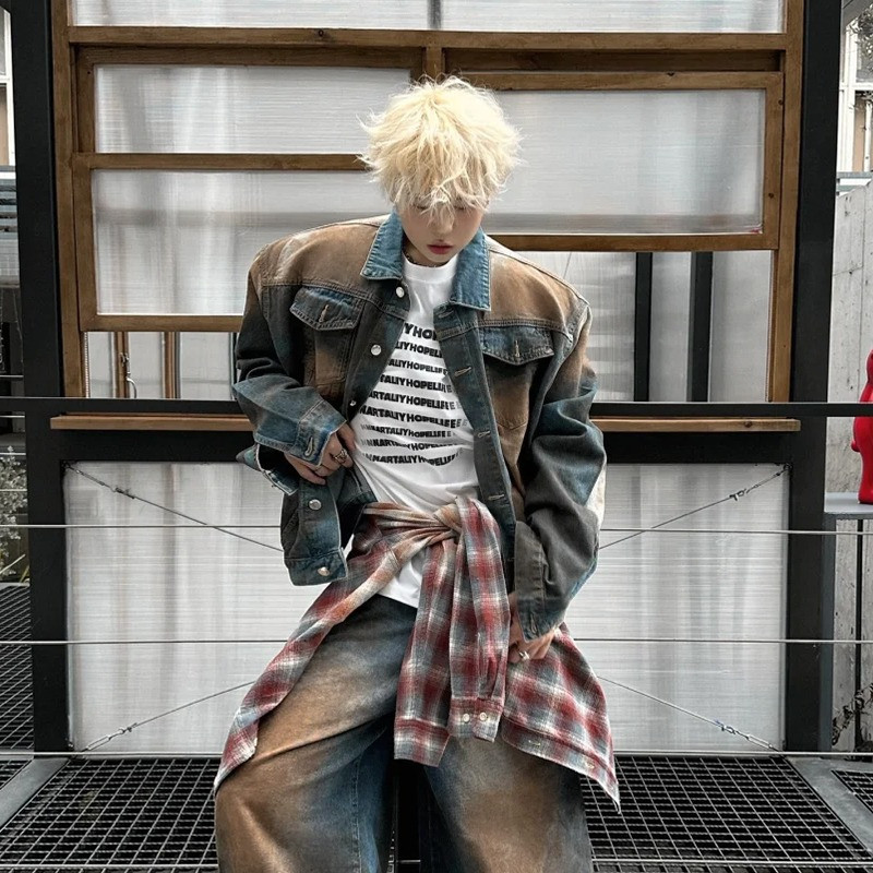 เป่าหลงซิน ผู้ชายชุดยีนส์ด้อยใหม่อเมริกันย้อนยุคแจ็คเก็ตยีนส์ระดับไฮเอนด์และกางเกงสําหรับฤดูใบไม้ร่วงและฤดูหนาว