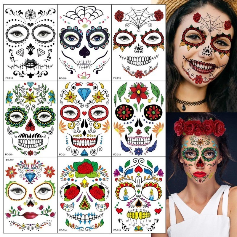 Day of The Dead Skull Face ฮาโลวีน Cool Beauty Tattoo กันน้ําร้อนชั่วคราว Party สติกเกอร์