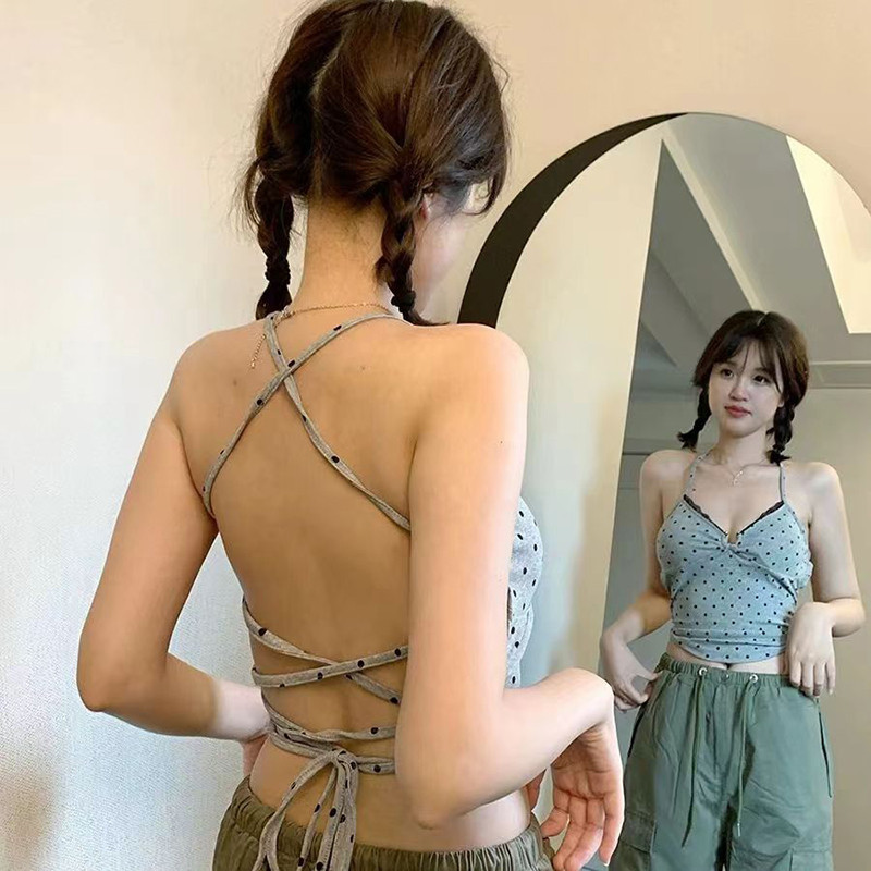 06835 เสื้อกั๊กสายเดี่ยวลายจุดเซ็กซี่เปลือยสั้นด้านบนพร้อมสายรัดภายนอก