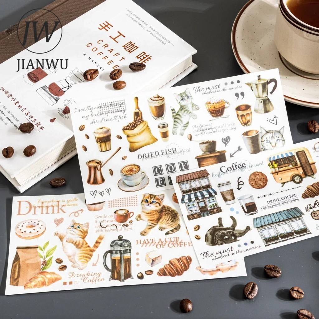 Jianwu A Cat ดื่มกาแฟ Series Kawaii ภูมิทัศน์วัสดุ Collage PVC Transfer สติกเกอร์ Creative DIY Journal เครื่องเขียน