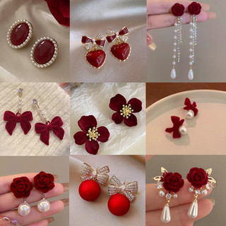 Wine Red Pearl Rose Flower Earrings Retro Wedding Ear Studs Chinese New Year Jewelry Earring