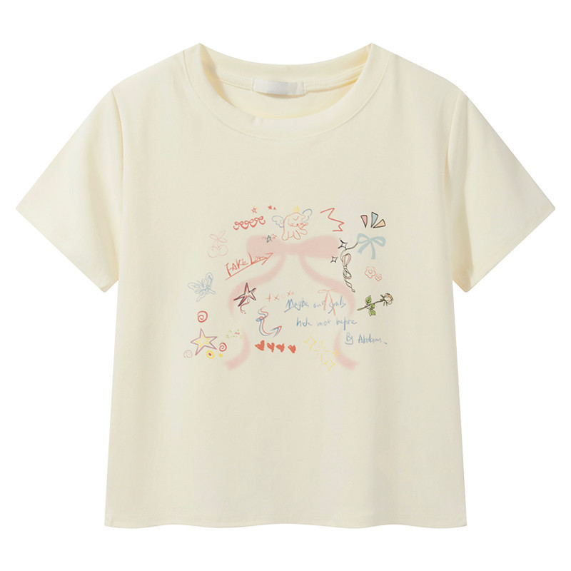 COD (จัดส่งในกรุงเทพฯ) MAO Shop โบว์พิมพ์ลาย crop top baby tee cotton 100 สาวฮอต เสื้อยืด #2234