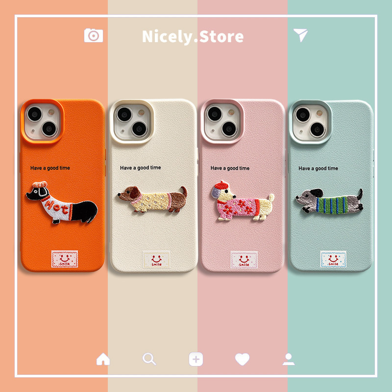 คุณภาพสูงเย็บปักถักร้อยลูกสุนัขดัชชุนเคสโทรศัพท์เข้ากันได้สําหรับiphone 15 14 13 12 Pro Max 12Promax 12Proฝุ่นTPUป้องกันปลอก