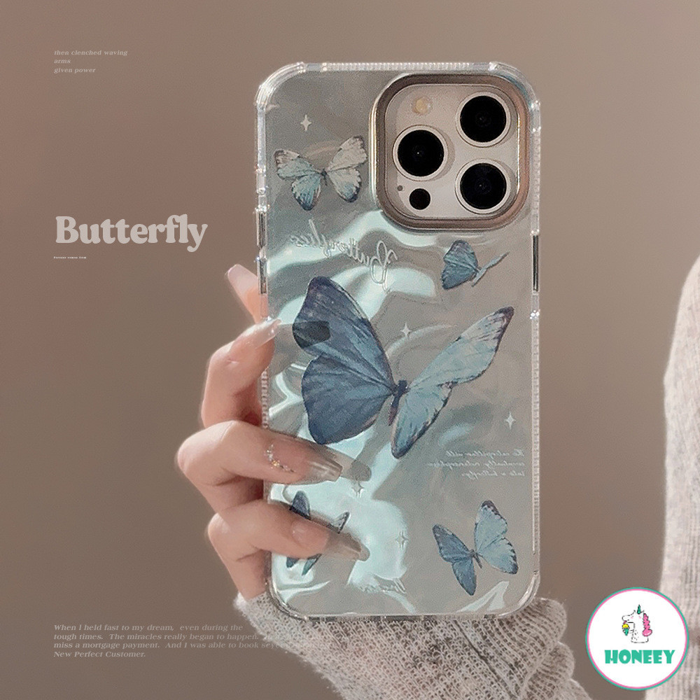 หรูหราสีฟ้าผีเสื้อคลื่นเลเซอร์เคสโทรศัพท์สําหรับiphone 15 14 Pro Max 12 13 Plus Dreamy GirlyกันกระแทกIMD Hardโทรศัพท์ปกหลัง