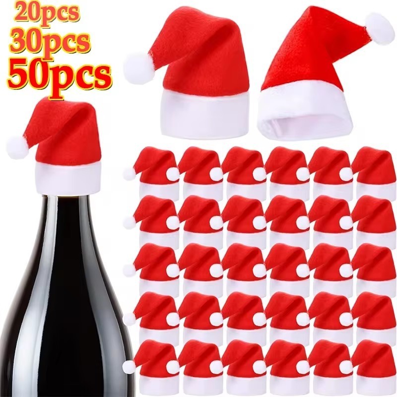 50/30/20pcs Mini Santa หมวกขวดไวน์ครอบคลุม - กํามะหยี่ Lollipops หมวกคริสต์มาสบนโต๊ะอาหารผู้ถือขวดหมวก - Xmas Party Decor