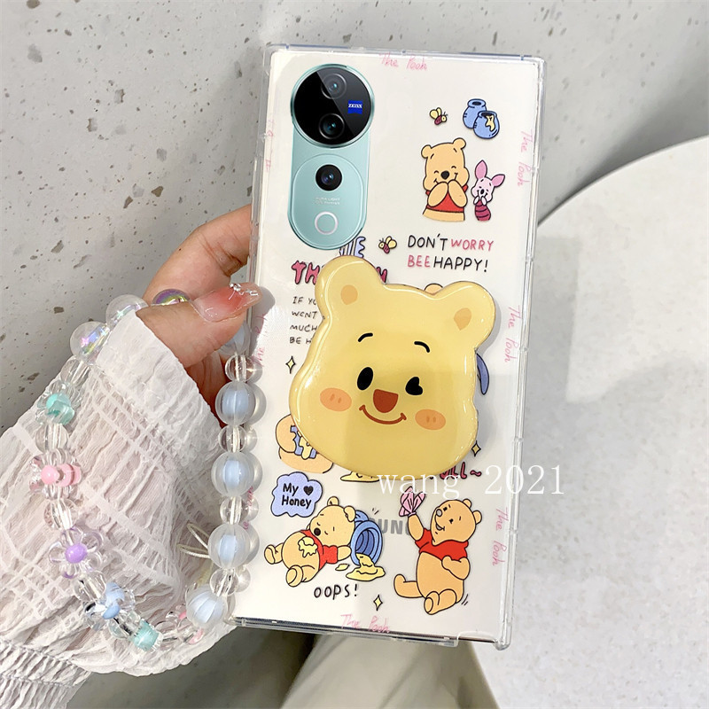 ปลอก VIVO V40 5G Y03T VIVOV40 Pro 5G เคสโทรศัพท์น่ารักการ์ตูน Pooh Bear Spongebob ซิลิโคนกันกระแทกพร้อมขาตั้งและลูกปัดสร้อยข้อมือนุ่มปกหลัง