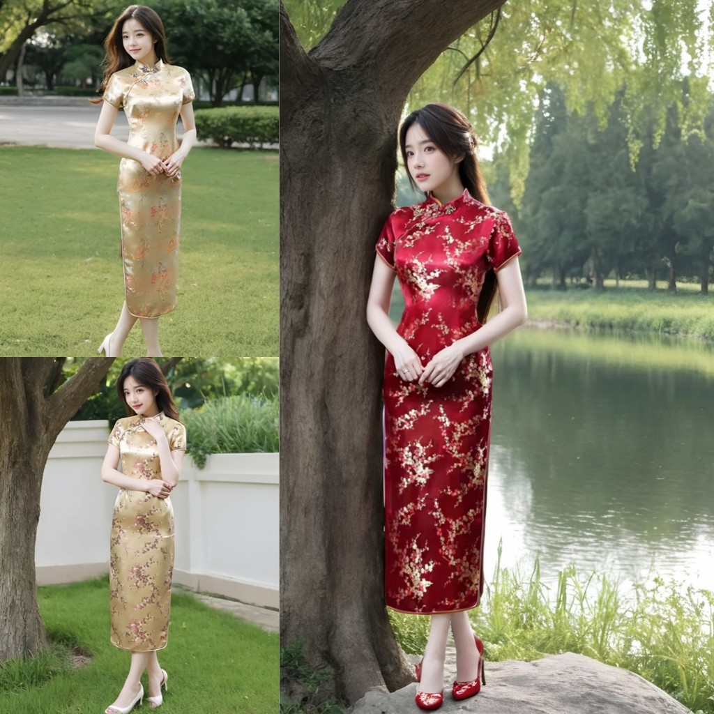 ชุดเดรสลายดอกเหมยสีสดใสผ่าข้าง กี่เพ้า ดีไซน์สวยและน่ารัก เหมาะสำหรับทุกวัน