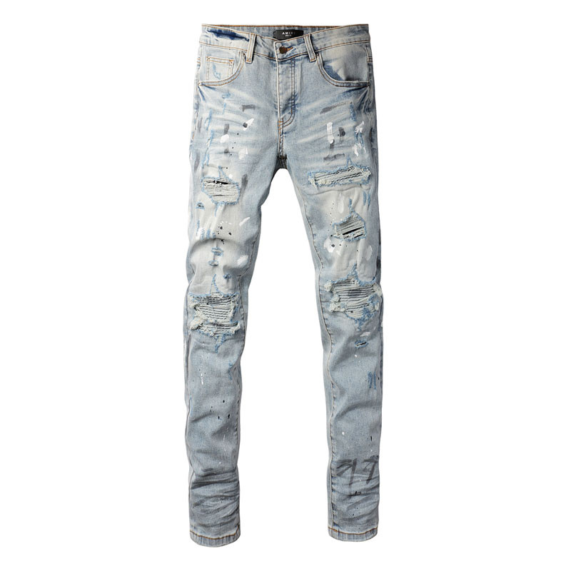 Amiri High street แฟชั่นผู้ชายกางเกงยีนส์สีฟ้าอ่อน slim fit กางเกงยีนส์ยืดหยุ่นสาดหมึกออกแบบคุณภาพสูง hip-hop ผู้ชายกางเกงยีนส์