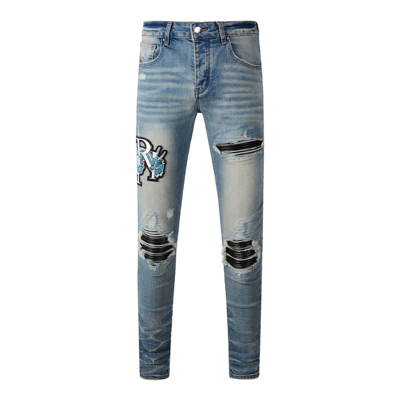 Amiri High street แฟชั่นผู้ชายกางเกงยีนส์สีฟ้า slim fit กางเกงยีนส์ยืดหยุ่นแพทช์พิมพ์ออกแบบกางเกงยีนส์ผู้ชายคุณภาพสูง
