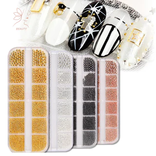 [maybeauty] 6grids 3ขนาดสแตนเลสคาเวียร์ลูกปัดตกแต่งเล็บทองเงินสีดําเล็บเครื่องประดับDIYตกแต่งเล็บ {TH}