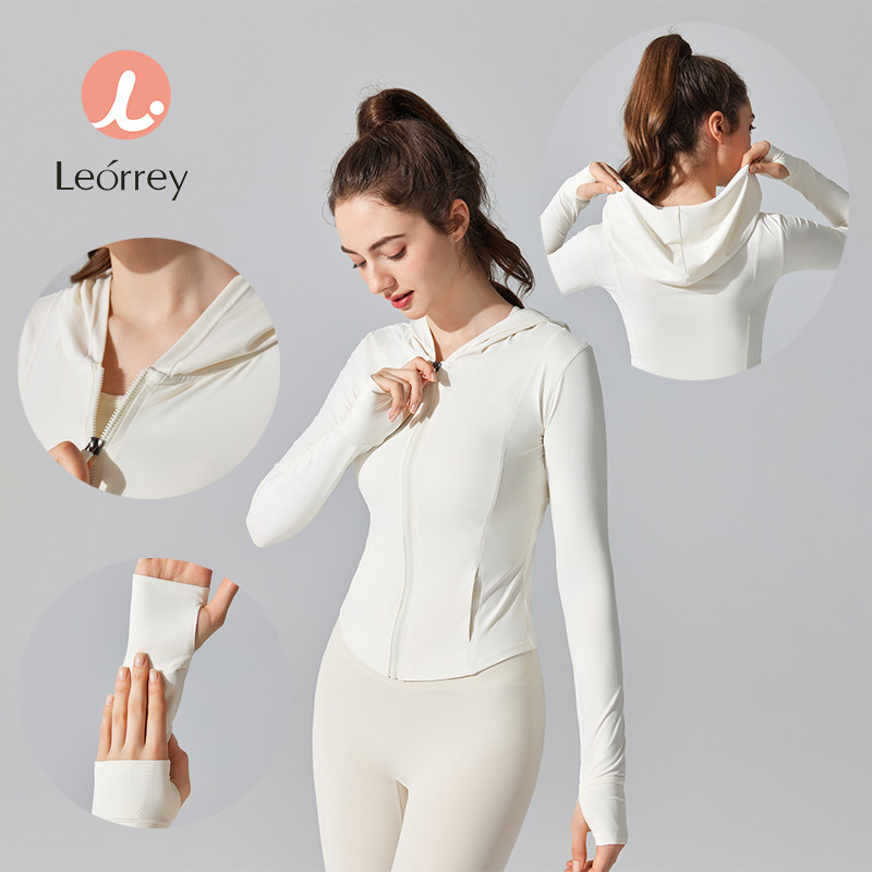 Leorrey-เลออร์เร่ย์ เสื้อแจ็คเก็ตมีฮู้ดกีฬาโยคะด้านบนระบายอากาศ