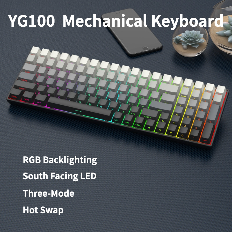 Lychee Gaming YG100 คีย์บอร์ดแบบกลไก RGB สามโหมด 2.4G ไร้สายบลูทูธแบบมีสาย Custom Hot-swappable ภายใ