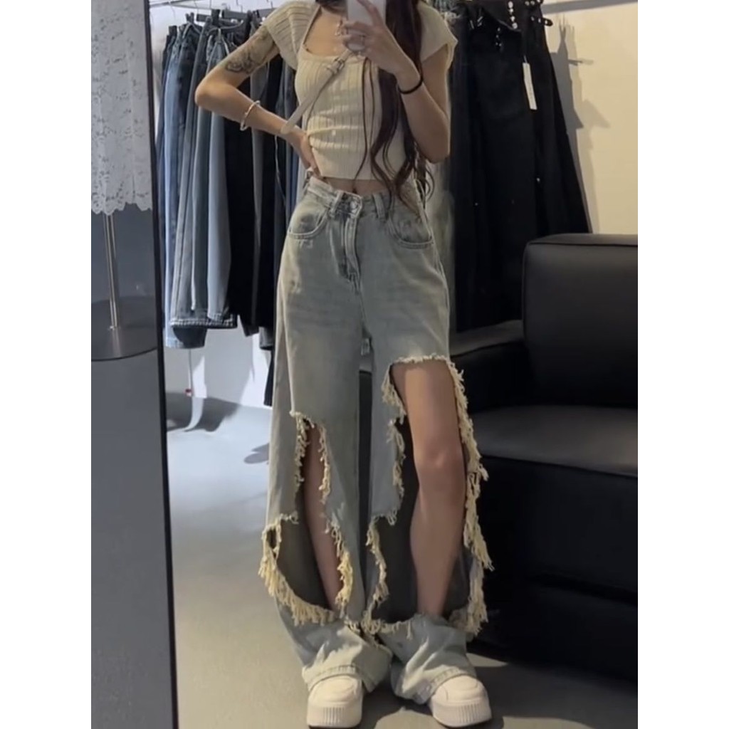 Distressed Figure Flattering New Retro Summer American Pants for Women Wide Leg Loose Trendy2024Big Ripped Jeans Washed
