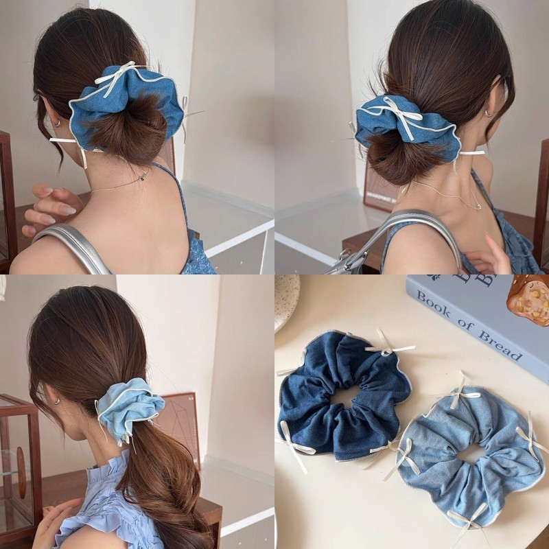 Sweet Cool Girl Denim Blue Bow Scrunchy แหวนผมหัวเชือกลูกไม้ Love Bow เชือกผมอุปกรณ์เสริมผม