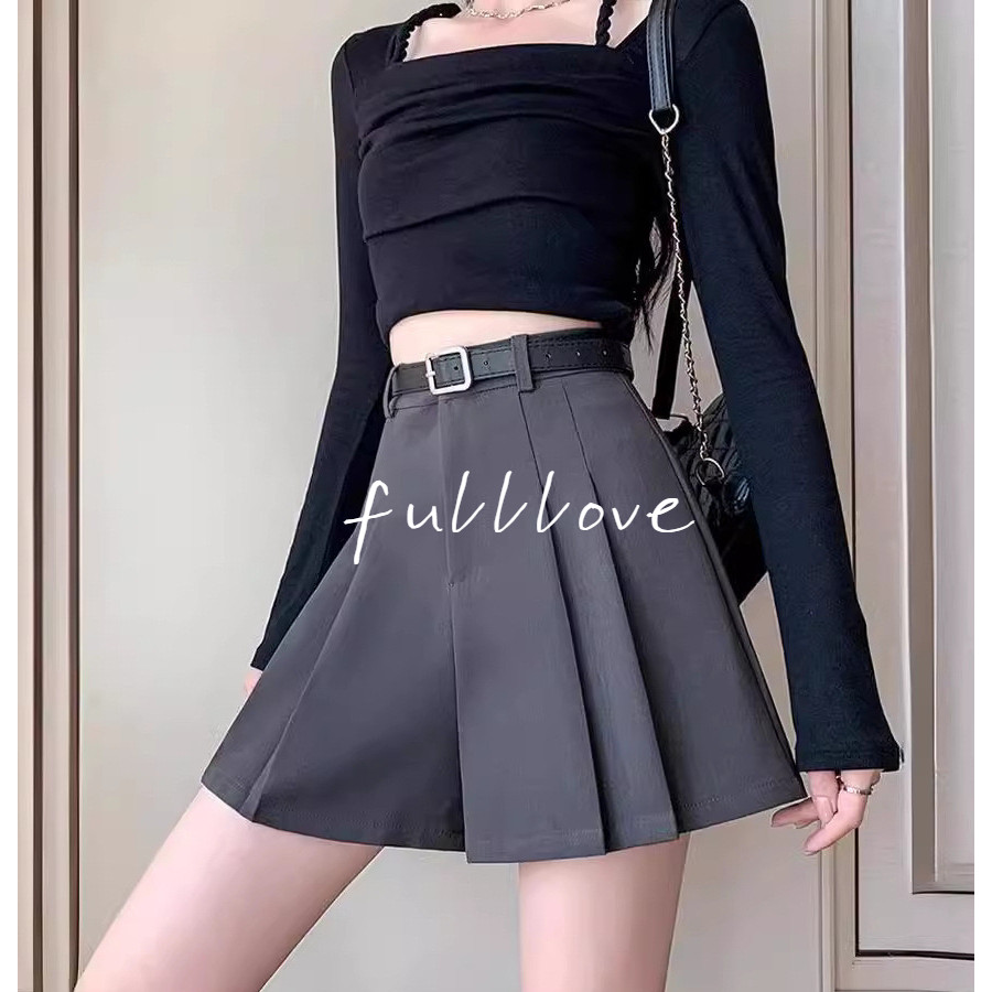 พร้อมส่ง Fulllove กระโปรงสั้น ตกแต่งด้วยเข็มขัดสีทึบหรูหรา สวมใส่สบาย เอวสูง การทำตัวให้ผอม กระโปรงผู้หญิง XS-4XL