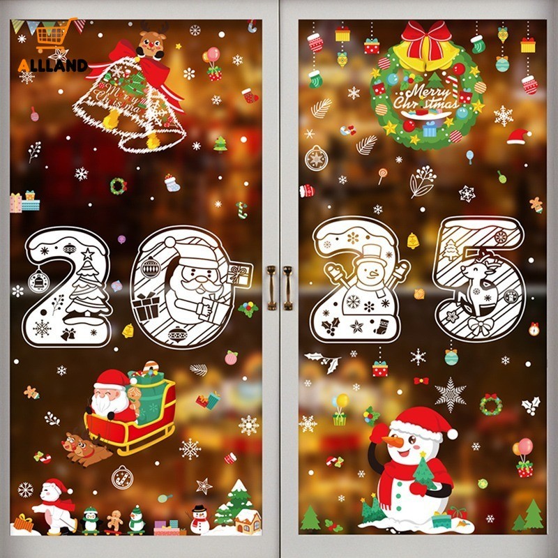 2025 สติ๊กเกอร์หน้าต่าง Merry Christmas - เกล็ดหิมะสีขาว Santa Claus Elk สติกเกอร์แบบคงที่ - ตกแต่งบ้านปาร์ตี้คริสต์มาส