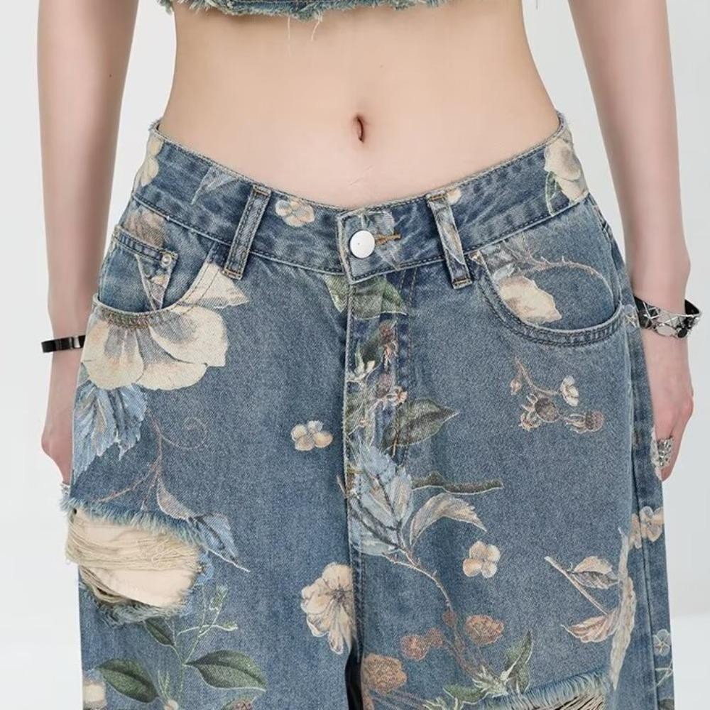 Augustinan กางเกงยีนส์ผู้หญิง Y2K, ดอกไม้ Ins กางเกงยีนส์ตรง, Elegant Ripped Baggy หลวมหักกางเกงกลวง - รูปที่ 4