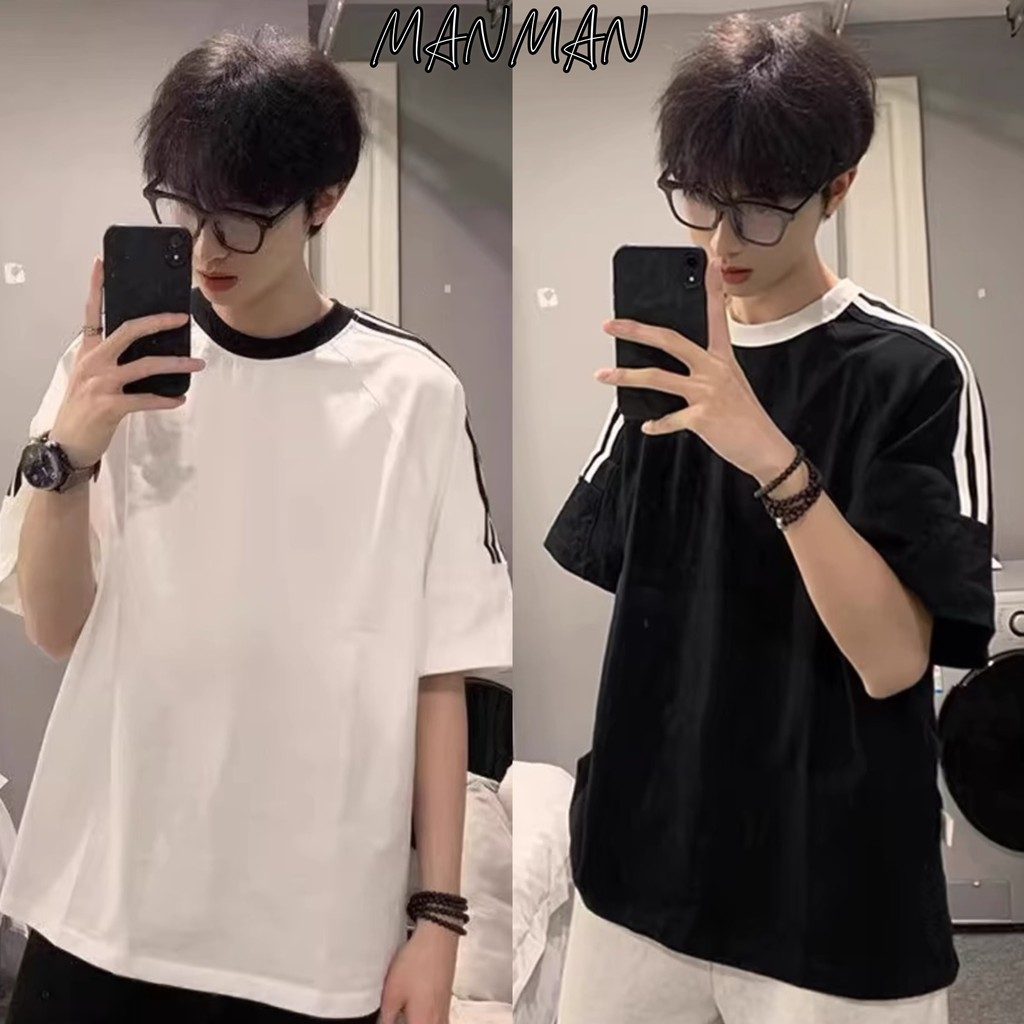 MANMAN เสื้อยืดผู้ชาย แบบบาง แบบหลวม คอกลมแขนสั้น ชุดคู่รัก เสื้อผู้หญิง ลำลอง
