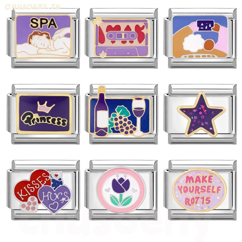 ยอดนิยม Love Unicorn หัวใจสีม่วง Star Italian Charm Links Fit 9 มม.สร้อยข้อมือสแตนเลสทําเครื่องประดับ