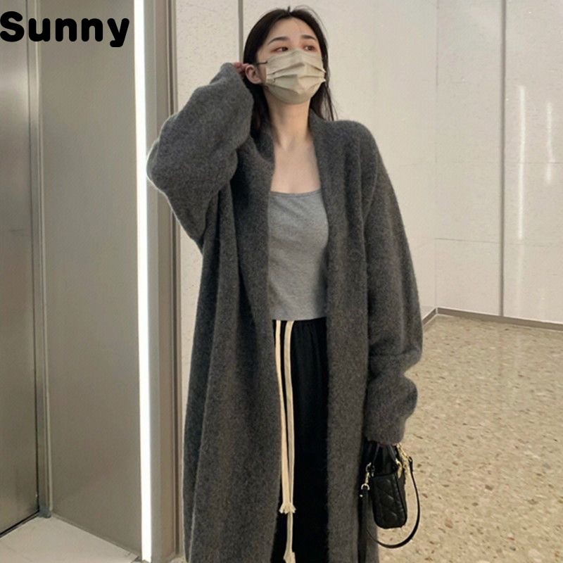 Sunny NewMilliGray Mid-Length Cardigan Sweater Loose Versatile Coat Lazy Padded Coat Knitted Cardigan