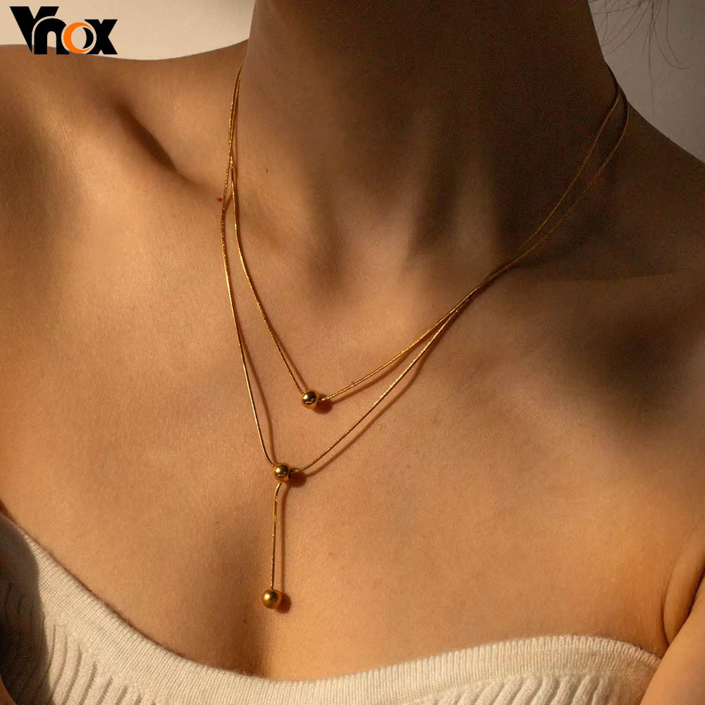 Vnox 18K Gold Plated Chic Double-layer สแตนเลส Tarnish-Proof,Transfer Ball สร้อยคอเครื่องประดับแฟชั่นผู้หญิง
