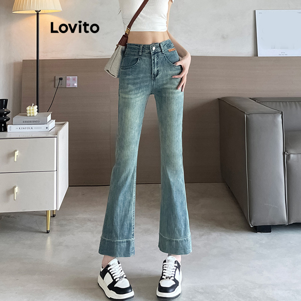 Lovito กางเกงยีนส์กระดุมธรรมดาสำหรับผู้หญิง LNE75048
