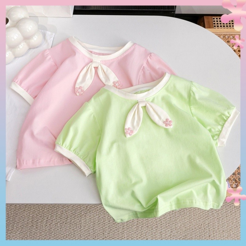 Girls Summer Sweet Contrast ColorTT-shirt Mint Manbo Style2024New Little Girl Fresh Bow Short Sleeve Fashion3