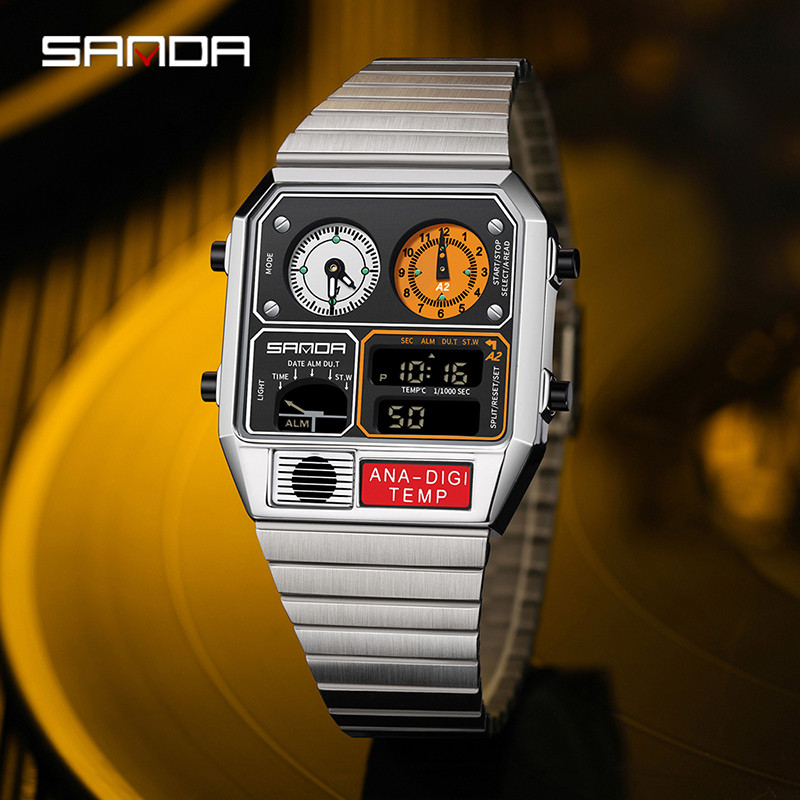 Sanda Retro อินเทรนด์ Punk Dual Display Luminous กันน้ําอิเล็กทรอนิกส์ควอตซ์นาฬิกาผู้ชาย SD3192-13
