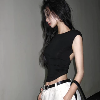 🌛Soroh🌜เสื้อยืดผู้หญิง ไหมพรม มีฟองน้ำ เว้าหลัง คอกลม แขนสั้น เข้ารูป🎇เสื้อครอป สไตล์เกาหลี แฟชั่น✨#FY5037