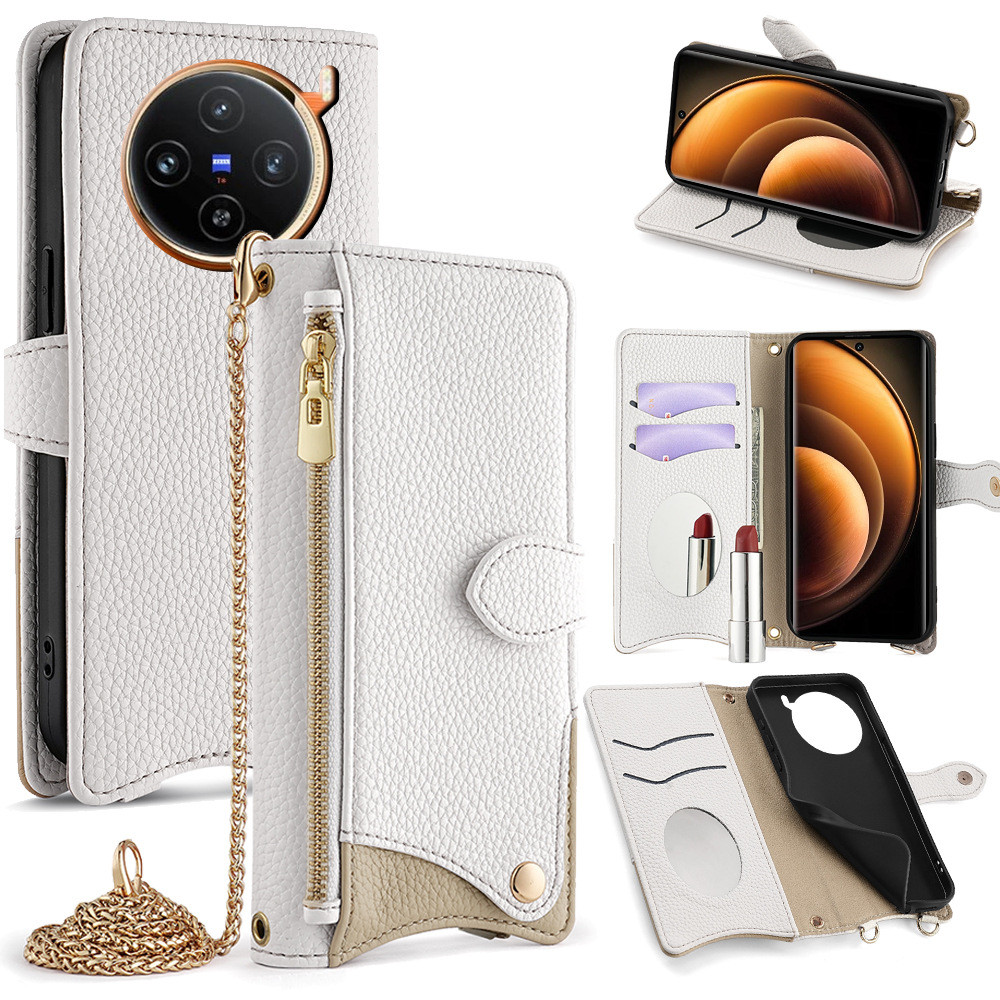 ซองหนังพลิกสําหรับ Vivo iQOO 12 Pro Z9 Turbo Z9X 5G Neo 9 Pro 9S Pro Plus Casing พร้อมสายโลหะ 1.2 ม., ช่องใส่การ์ด, กระจกขนาดเล็ก