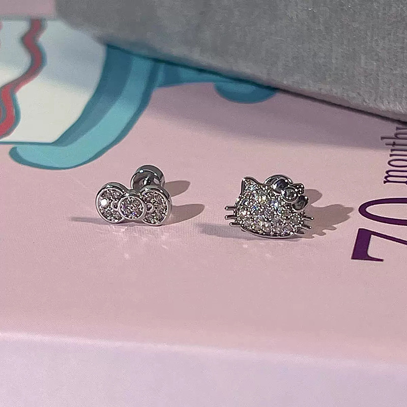 1 ชิ้นสุภาพสตรีเกาหลี Bowknot Cat ต่างหู Rhinestone ต่างหู