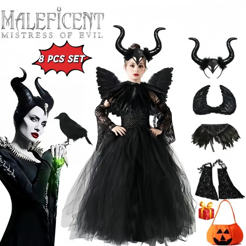 Kids Maleficent Halloween Costume 8 Pcs Set - Black Witch Outfit with Horns, Wings & Accessories for